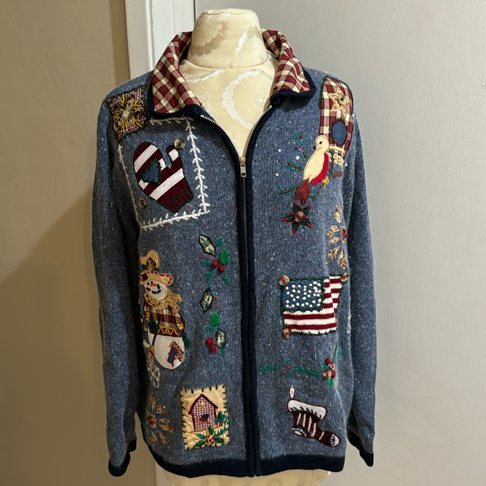 OHI Vintage All Seasons Country Patchwork Multi Colored Knit Zip Up Cardigan L